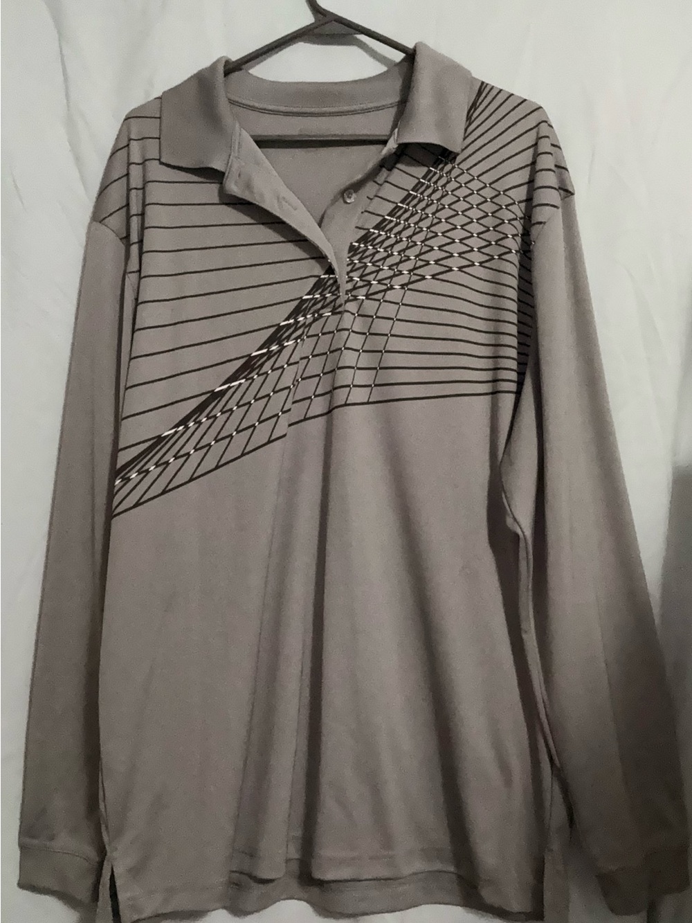 Men's Gray Long Sleeve Polo Shirt Geometric Graphic Print L/XL No Tag